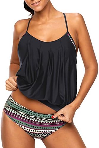 Annigo Women's Two Piece Swimsuits Printed Lined up Double up Tankini with Brief Bathing Suits