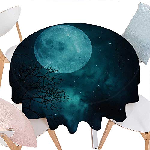Antaquzhuq Wipeable Table Cover, Moon on Starry Sky Universe Cosmos Space Themed Mystical Twilight Celestial Scenery, for Kitchen Dinning Tabletop Linen Decor ï¼ˆRound, 36 Inch, Petrol Blueï¼‰