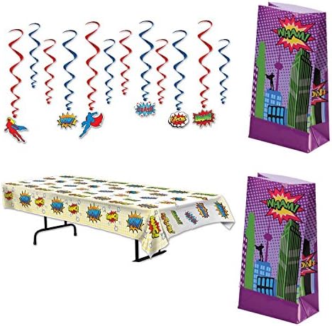 TwiceBooked Superhero Party Decoration Bundle - Table Cover, Hanging Whirls, Goody Bags