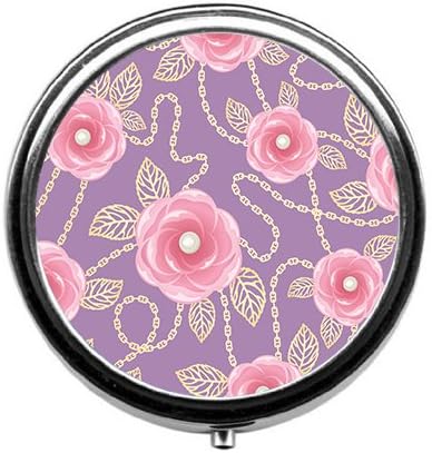 red Roses Gold Chains and Pearls Pill Box/Pill case-Round Pill Box/case- Three-Compartment Pill Box/Pill case