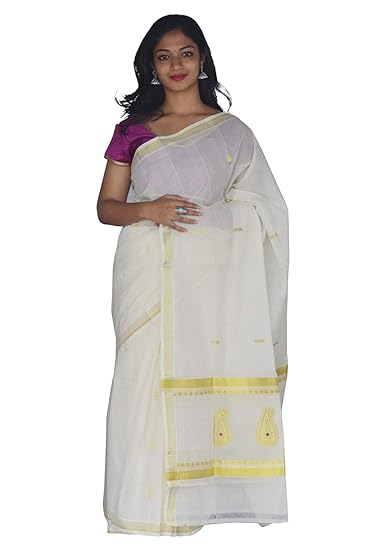 Handloom Women's Kasavu Cotton Saree with Heavy Work (Cream)