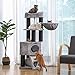 FEANDREA Cat Tree, Large Cat Tower with Fluffy Plush Perch, Cat Condo with Basket Lounger and Cuddle Cave, Extra Thick Posts Completely Wrapped in Black Sisal Light Grey UPCT02W