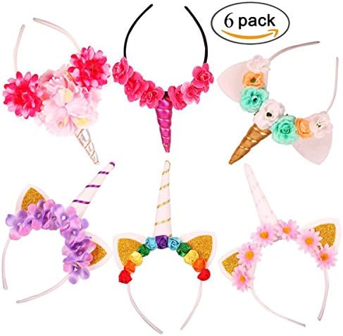 Baby Unicorn Horn 6 Packs of Headbands Birthday Halloween Christmas Cosplay Party Hat Headband with Glitter Ears and Flowers Set.