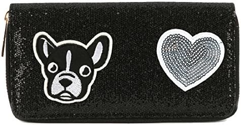French Bulldog and Heart Black Glitter Fabric Wallet Clutch Purse -Black and White