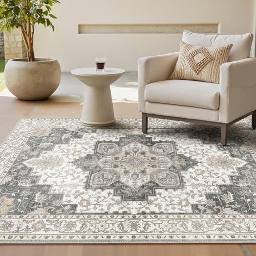GENIMO Vintage Boho Teppich Greige, Waschbar fürs Wohnzimmer, 160x230 cm