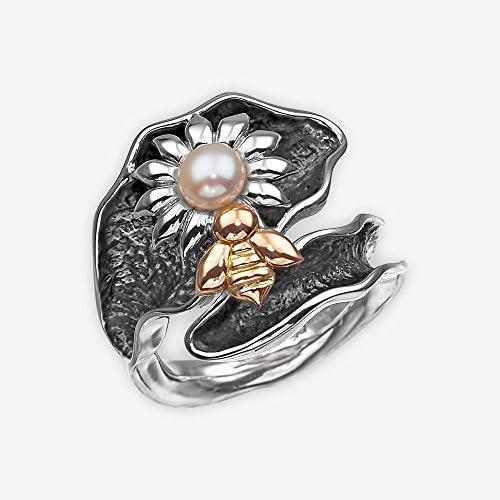 925 Sterling Silver and 14k Gold Handmade Ring with Flower Bee and Pearl