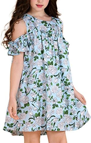 Aurora AuroraBaby Little Big Girls Green Summer Dresses Casual Beach Bold-Shoulder Sleeveless Print Dress For Girls Size 15-16