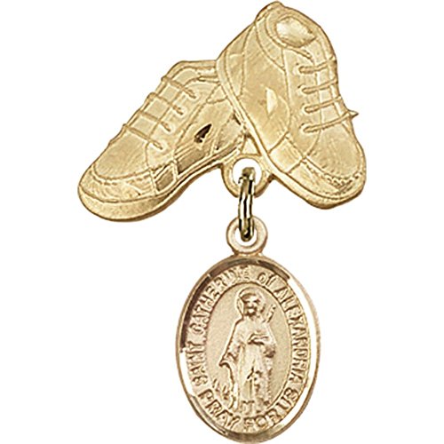 Gold Filled Baby Badge with St. Catherine of Alexandria Charm and Baby Boots Pin 1 X 5/8 inches