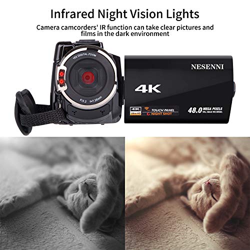 Video Camera 4K Camcorder NESENNI Ultra HD WiFi Digital Camera 48MP Touch Screen 16X Digital Zoom Recorder IR Night Vision Microphone,Wide Angle Lens,LED Video Light,2 Batteries,Shoulder Bag - Thumbnail 3