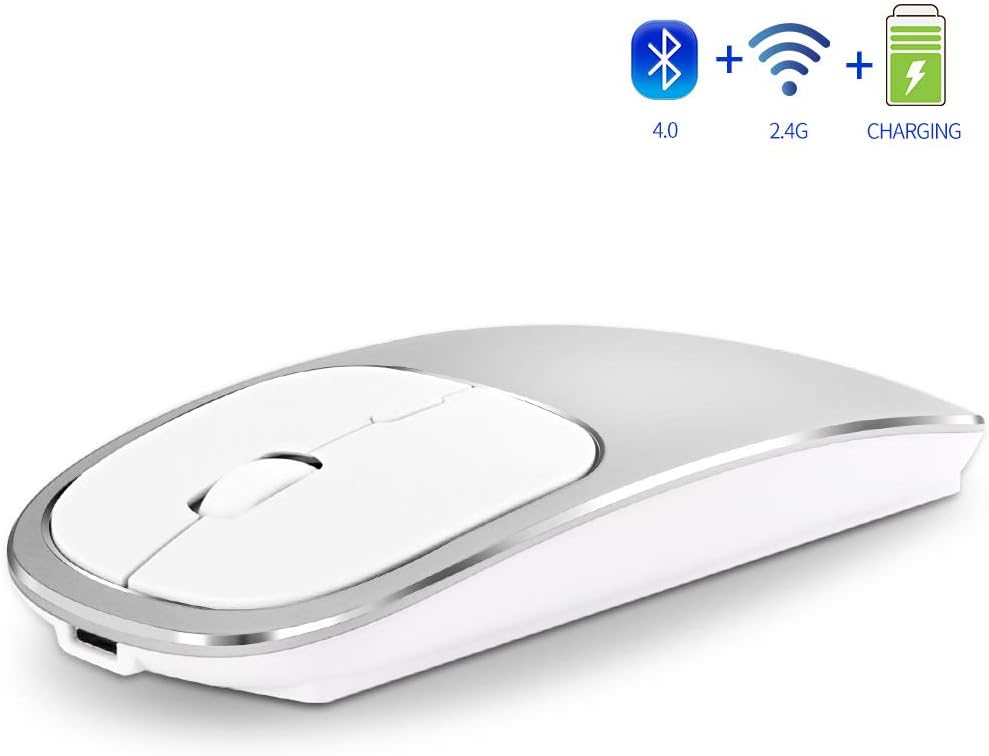 Rechargeable 2.4GHz and Bluetooth Wireless Mouse Metal Noiseless Silent Click Dual mode Bluetooth Optical Mouse with USB Receiver, Compatible with Notebook, PC, Laptop, Computer, MacBook (Silver)