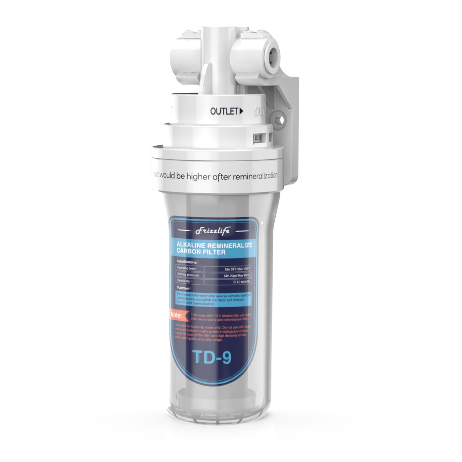 Frizzlife TD-9 Alkaline Remineralization Inline Water Filter - Quick Twist Post Filter for RO System, Reduces Chlorine, Adjusts Taste & pH, Restores Essential Minerals