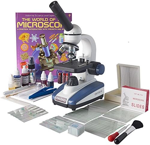 Omano OM150-MK-PK2 LED 40X-400X Student Compound Microscope with Glass Optics, Fine Focus, Basic + Advanced Slide Kits &amp; Fun Experiments Book