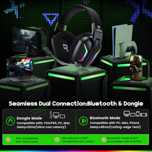 WESEARY WG1 Bluetooth Headset, 2,4G Wireless Gaming Headset mit Mikrofon für PS5, PS4, PC, Switch, Mac, Faltbarer Surround Sound Noise Cancelling Kopfhörer mit LED Licht, Über 50 Stunden Akkulaufzeit thumbnail 2
