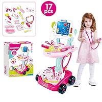 Auvem Kids Doctor Toy Set, Doctor Pretend Play Kit with Electric Simulation ECG Medical and Stethoscope, Organizer Role Playing Game Preschool Educational Toys (Pink)