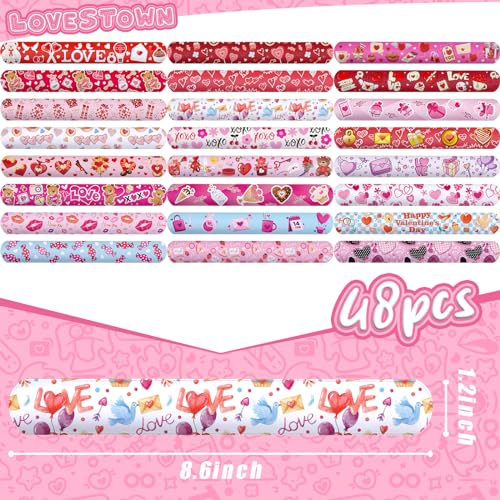 LovesTown 48PCS Valentines Day Slap Bracelets, Red Slap Wristbands Assorted Valentine Snap Bracelets for Kids Gift Exchange Valentine Party Favors