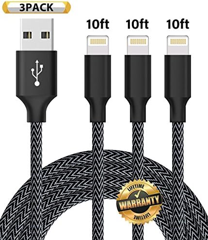 GUIGUI iPhone Cable, 3Pack 10FT Extra Long Nylon Braided USB Charger Cord Lightning Cable to USB Charger for iPhone X, 8, 7, 7 Plus, 6S, 6, SE, 5S, 5, iPad, iPod Nano 7 (Black Grey)