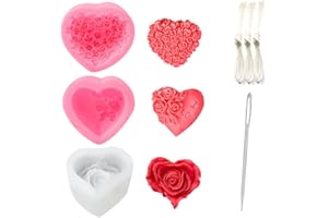 Nimozekd 3PCS Valentine Rose Heart Shape Candle Molds with Large-Eye Wicking Needle,Candlewick,Love Rose Scented Candle Silicone Mold, Heart Epoxy Resin Mold for Candle soap Chocolate