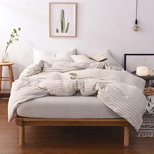 LIFETOWN Jersey Knit Cotton Duvet Cover Queen, 1 Duvet Cover and 2 Pillowcases, Striped Duvet Cover Set, Extremely Soft and Breathable (Full/Queen, Light Coffee/Off White Stripes)