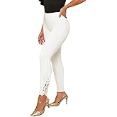 Women's White Lace Trim Leggings Full Length Capri Stretchy High Waist Yoga Cropped Lightweight Tights Leggings