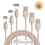 Bestfy 3Pack 3FT 6FT 10FT 3IN1 Extra Long Nylon Braided 8Pin to USB Charging Cable Cord with Aluminum Heads for iPhone 6/6s/6 Plus/5/5c/5s, iPad 4 Mini Air iPod Nano 7 iPod Touch 5 (Golden)