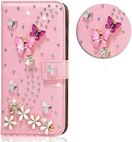 S8 + Case,Samsung Galaxy S8 Plus Case - 3D Handmade Wallet Bling Crystal Diamonds Butterfly Floral Fashion Embossed PU Leather Cover with Magnetic Clasp Card Holders, Pink (S8 Plus, Diamond 05)