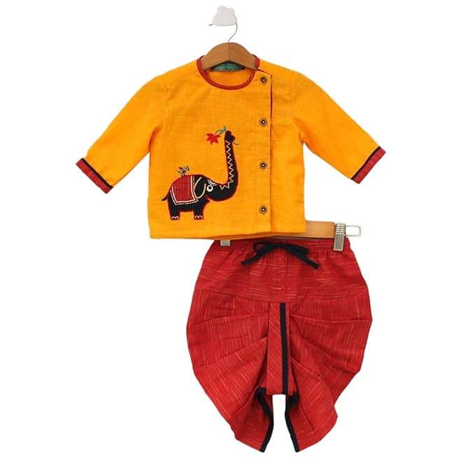 Tiber Taber By Hopscotch Baby Boys Poly Cotton Elephantasia Pattern Dhoti Kurta Set in Yellow Color