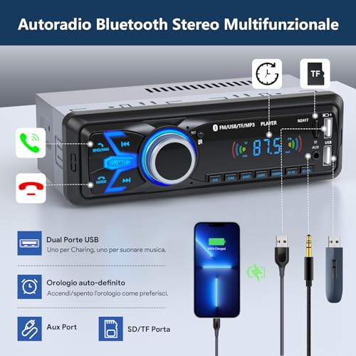 Wistrue Bluetooth Car Stereo, 1 DIN FM Radio Car Radio MP3 Player, Supports 2 USB / Quick Charging/SD/AUX/Remote Control/Support iOS/Android
