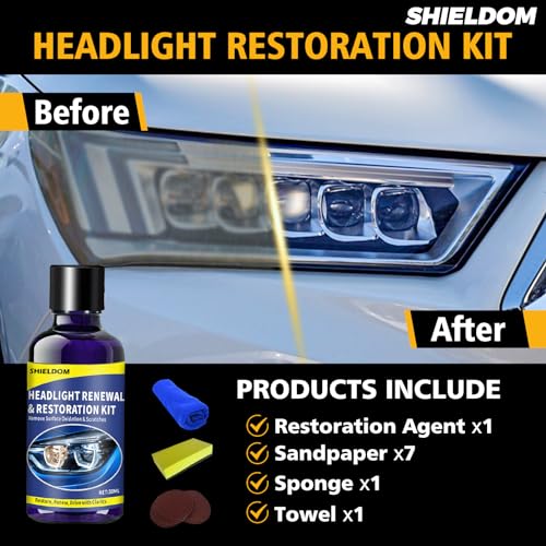 SHIELDOM Car Headlight Restoration Kit Restorer for Auto Headlamp Cleaner Renewal Set of | 7X Sandpaper | 1x Sponge | 1x Towel | Remove Scratches Yellowing and Oxidation - 30ML