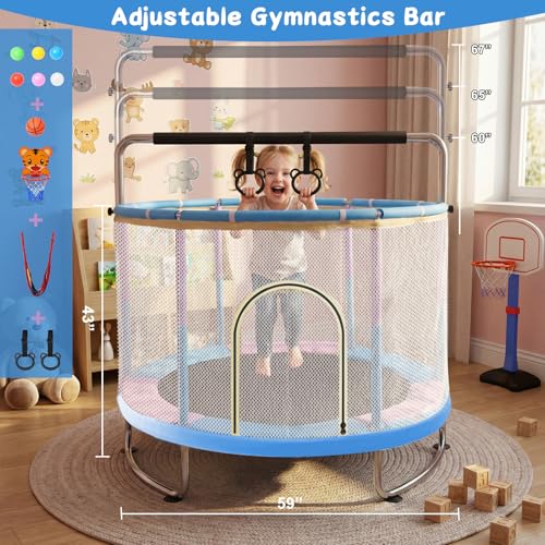 60” Toddler Trampoline with Swing & Gymnastics Bar, Indoor Outdoor Kids Trampoline with Safety Enclosure Net, Gifts for Boys & Girls Age 2-14