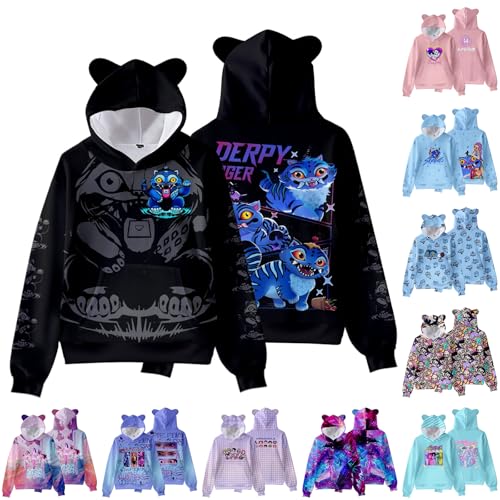 Hoodies For Girls Boys Huntrix Huntr/X Cute Derpy Tiger Graphic Sweatshirt With Cat Ears Hip Hop Streetwear Fashion Pullover Hooded Sweatshirts For Kids With Pocket Halloween Costumes(Black,100)