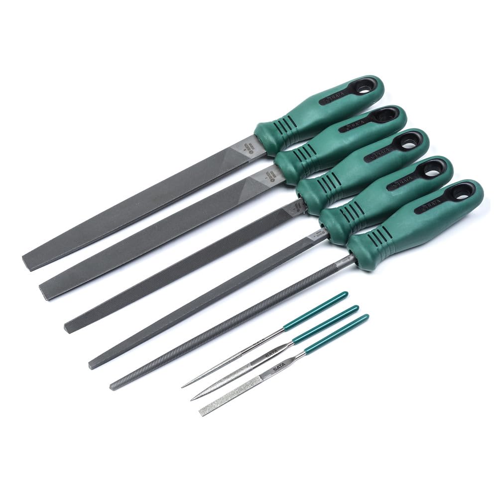 SATA ST09910 8-Piece Metal File Set Containing Flat, Half-Round, Round and Square Files with Ergonomic Handles in Storage Tray