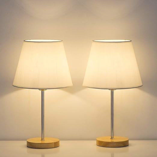 Haitral Modern Table Lamps Small Bedside Lamps Set Of 2 Nightstand Lamps For Bedroom Living Room Office With Wooden Base Fabric Shade Sliver Amazon Ca Electronics