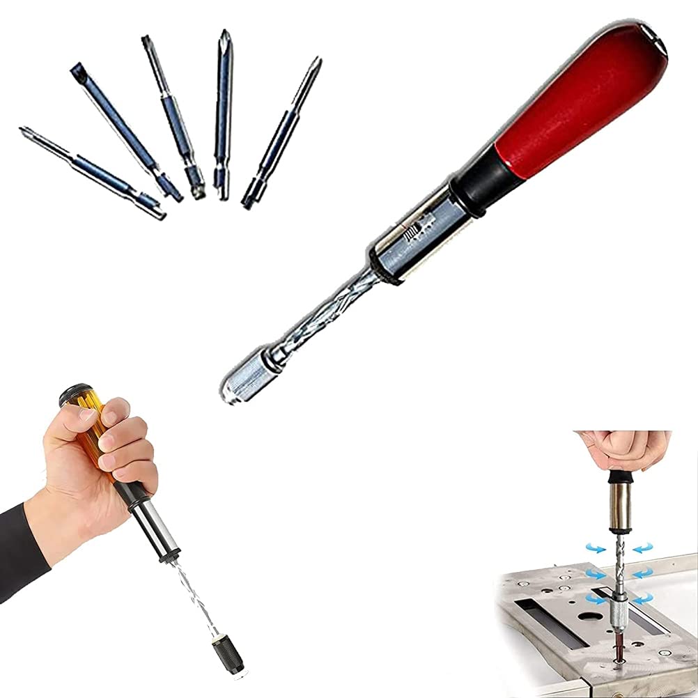 260MM Spiral Ratchet Screwdriver with Slotted and Phillips Bits, Push-Pull Adjustment, 5 Replaceable Heads