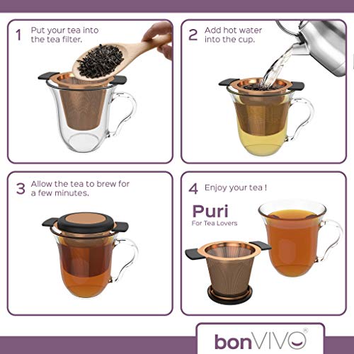 bonVIVO Puri Stainless Steel Tea Infusers for Loose Tea, Tea Strainer for Teapots or Cups, & Functional, Copper-look Mesh Tea Maker Filter with Black Lid