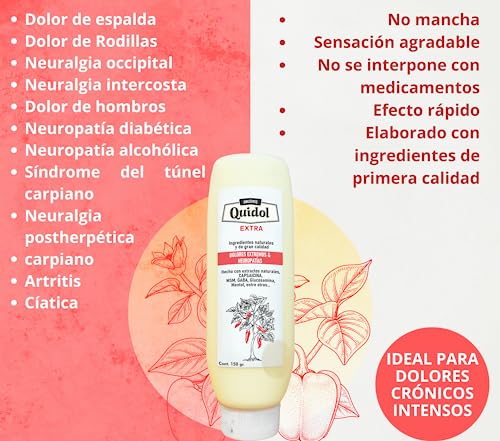 Sin Dolor Quidol Extra 150 gr - Ungüento para Dolor Intenso Tipo Neuropático y Articular - Con Extracto de Chile Capsaicína y Gaba - Ingredientes Naturales - Neuropatía Diabética Dolor Crónico y Artritis.