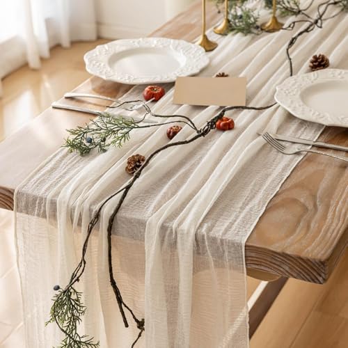 Cheesecloth Table Runner Ivory White Gauze Rustic Cheese Cloth Spring Table Runner for Wedding Baby Bridal Shower Birthday Party Long Sheer Boho Home Decorations, 35.4*118 Inch