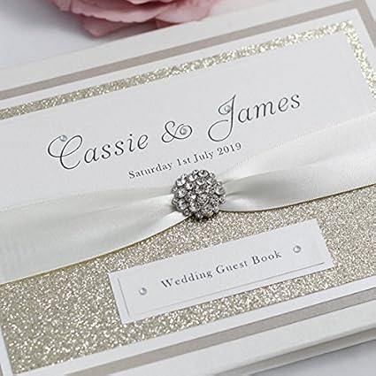 Paper Memories Cassie Glitter Diamante Couture Wedding Guest Book Elegant Ivory Book With Your Chosen Colour Ribbon Personalised Boxed 8 X 10 50 Page Guest Books For Weddings Amazon Co Uk