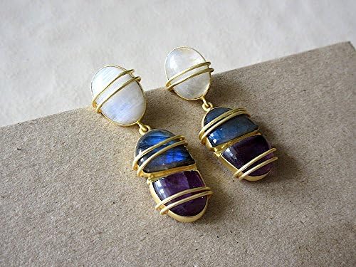 Wire Wrapped Earrings with Natural Moonstone, Labradorite and Amethyst, Bridesmaid Earrings - DE568
