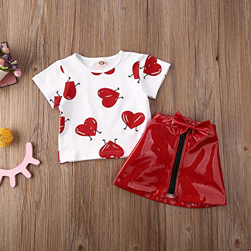 6M-5Y Valentine's Day Outfit Baby Girl Love Heart T-Shirt Top+Zipper Leather Skirt Mini Dress Clothes Set (Red, 6-12 Months)