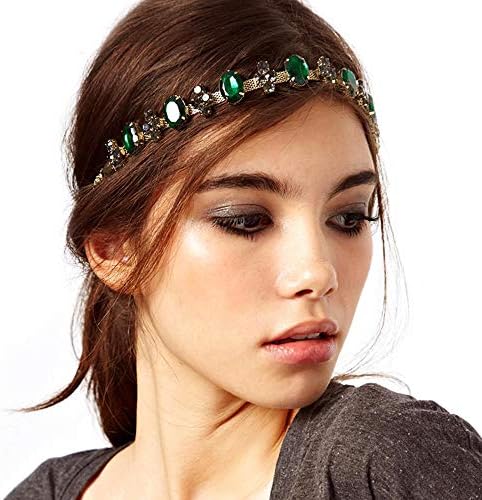 Gold Plated Chain Bridal Headbands Green Crystal Wedding Belt Jewelry Beads Strips Bridal Wedding Headwrap Bride Accessory Hair Head Band Elastic Headdress (Green)