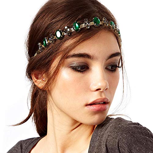 Gold Plated Chain Bridal Headbands Green Crystal Wedding Belt Jewelry Beads Strips Bridal Wedding Headwrap Bride Accessory Hair Head Band Elastic Headdress (Green)