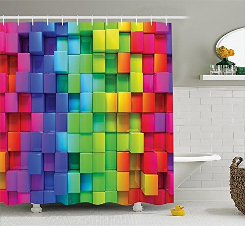 Rainbow Shower Curtain, Colorful Shower Curtain, Relaxing Rainbow Color Contour Display Futuristic Block Brick-Like Geometric Artisan Shower Curtain