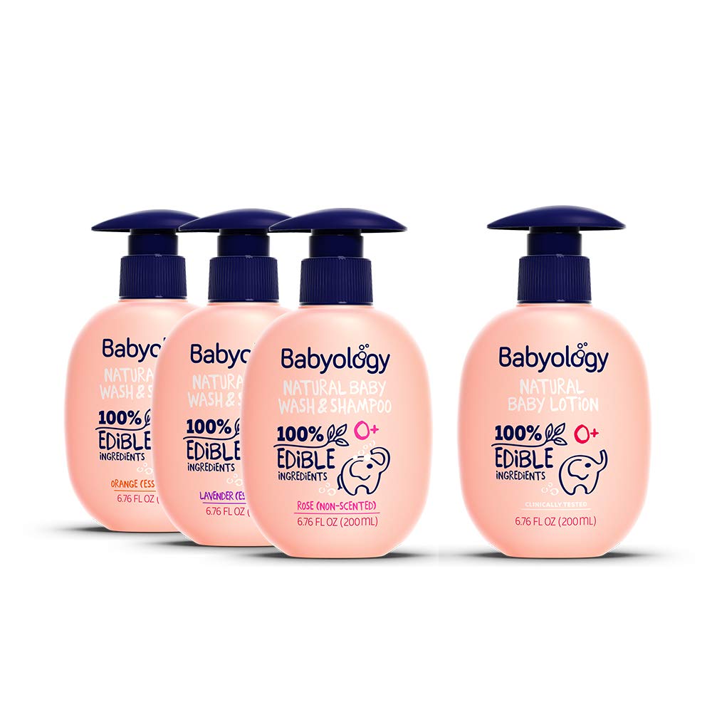 Babyology All Natural Baby Wash and Shampoo - 100% Edible Ingredients - with Organic Rose Water (Unscented) - Good for Sensitive Skin - Non Toxic - Tear Free (Scents & Packs Vary)