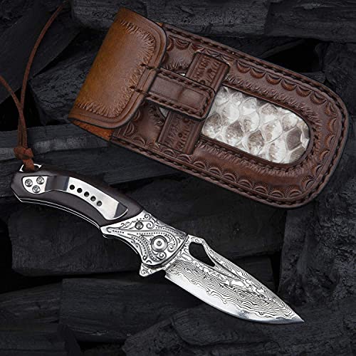 Outdoor Folding Pocket Knives with Sheath,Handmade Japanese VG10