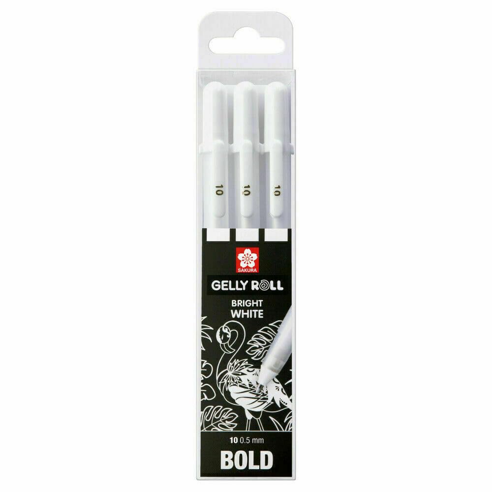 JustArtsCrafts Gely Roll 3 x Bright White pens in case, Bold, size 10