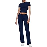 AnotherChill Women's 2 Piece Lounge Sets Straight Leg Pants Set Short Sleeve Crop T-shirt Casual Outfits Comfy Loungewear
