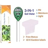 Soil ph Meter 3-in-1 soil test kit, ph, light, moisture tester for plant, new release with 10 free bonus garden labels, Great For Gardening, Farming, Indoor, Outdoor, one year limited warranty