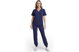 Eipnare Scrubs for Women Set, Stretchy V-Neck Top & Jogger Pants with Multi-Pocket Yoga Waistband