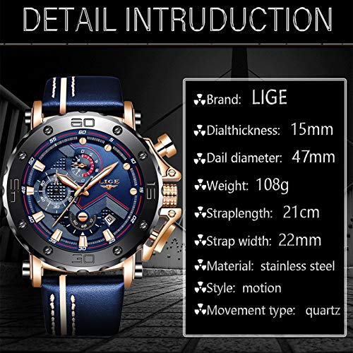 LIGE-Relojes-para-Hombre-Militares-Deportivos-Moda-Analogico-de-Cuarzo-Impermeable-Cronografo-Negro-Esfera-Grande-Piel-Reloj-de-Pulsera