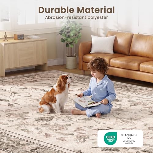 IKALIFE Beige Vintage Living Room Rug 300 x 400 cm – Machine Washable Short Pile Non-Slip Soft Large for Living Room Bedroom Hallway Dining Room